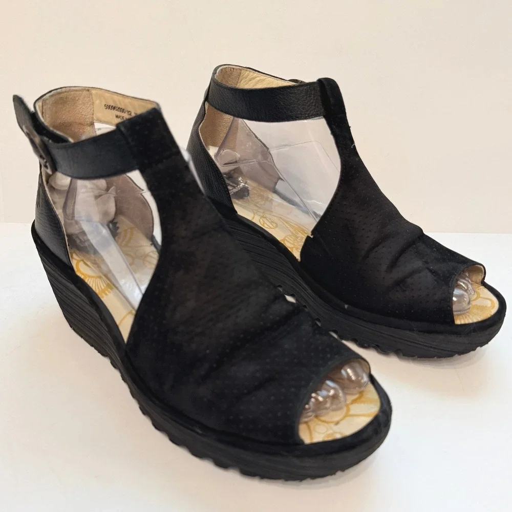 Fly London Yala Black Leather Suede Perforated Wedge Sandals Size 41 US 10-10.5